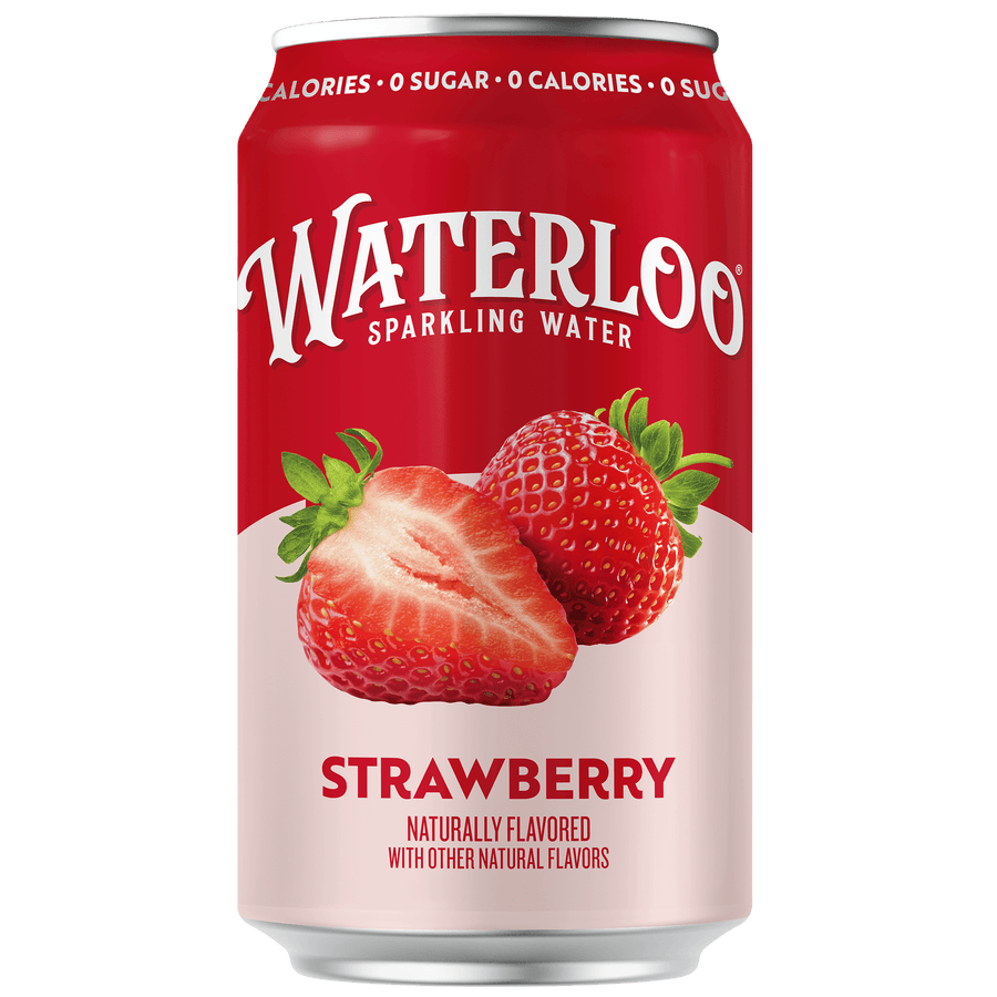 Waterloo sparkling water can with fresh strawberries and the word Strawberry on the label.