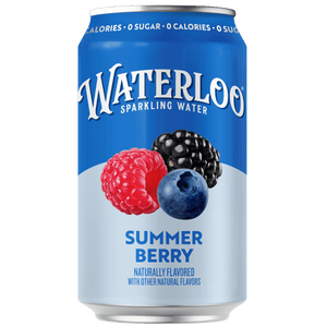 Waterloo Summer Berry sparkling water can featuring raspberry, blackberry, and blueberry flavors with no calories.