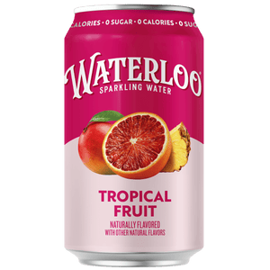 Can of Waterloo Sparkling Water featuring Tropical Fruit flavor with mango, blood orange, and pineapple.
