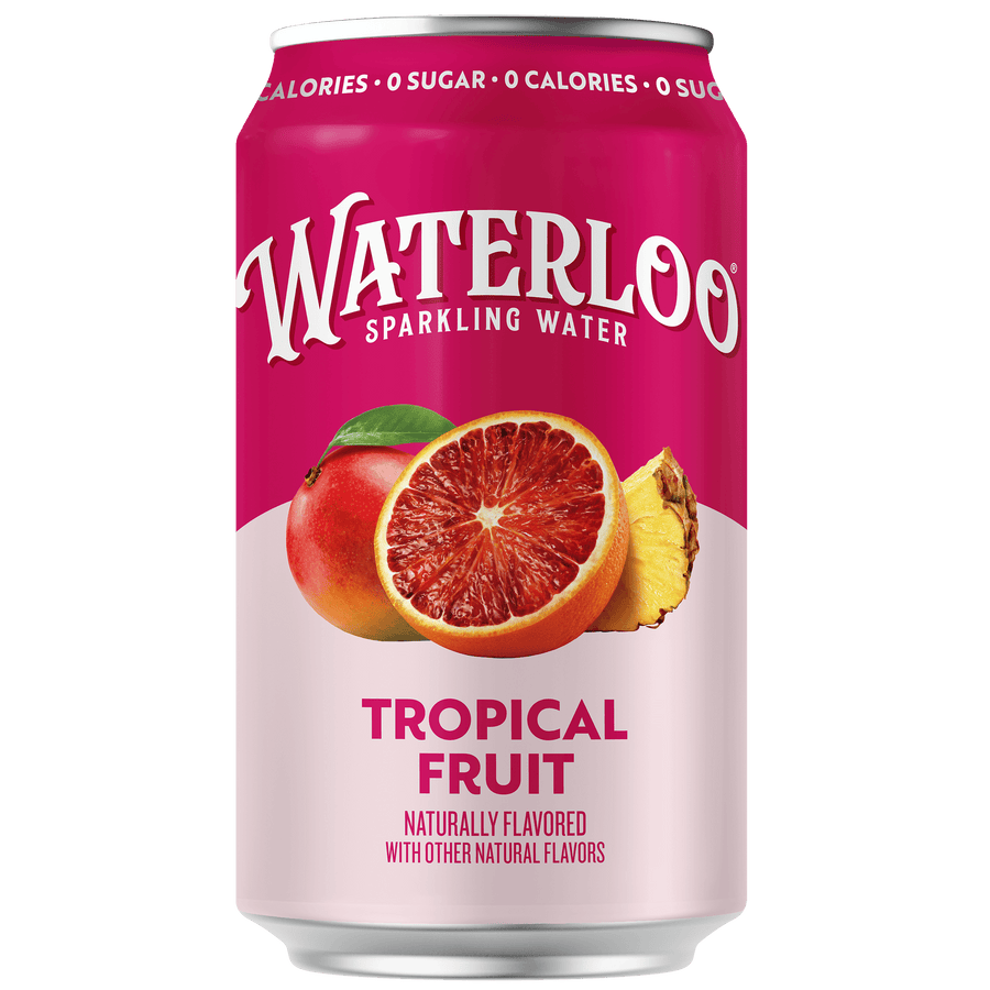Can of Waterloo Sparkling Water featuring Tropical Fruit flavor with mango, blood orange, and pineapple.