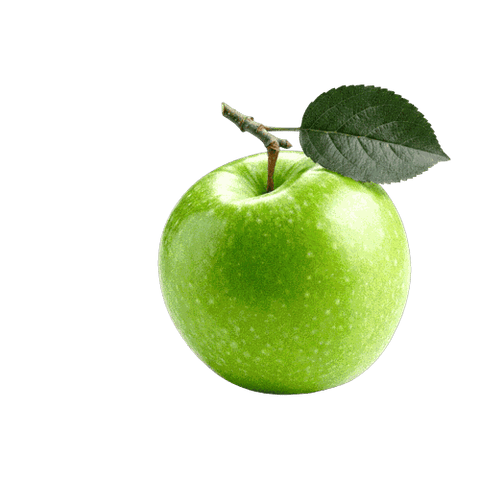 Fresh green apple with a leaf on a black background, showcasing its vibrant color and healthy appeal.