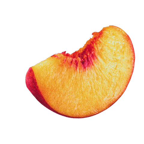 Close-up of a juicy, bite-sized slice of peach with vibrant orange and red hues on a black background.