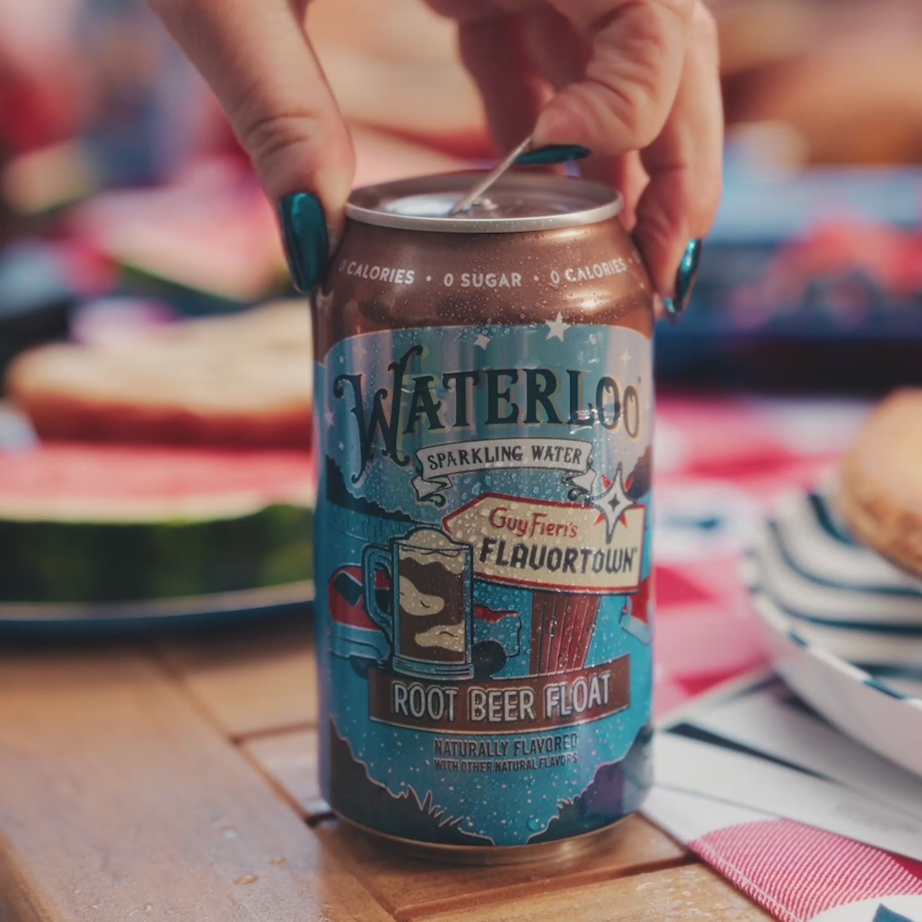 Waterloo sparkling water can promoting Root Beer Float flavor, served in a nostalgic summer setting.