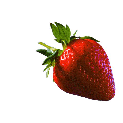 Fresh, vibrant strawberry with green leaves isolated on a black background.