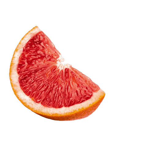 Fresh, juicy slice of blood orange with vibrant red color and textured rind isolated on black background.