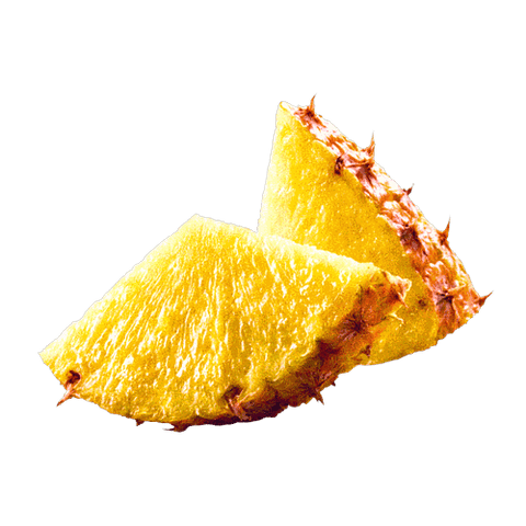 Two pieces of ripe, yellow pineapple with spiky edges on a black background.
