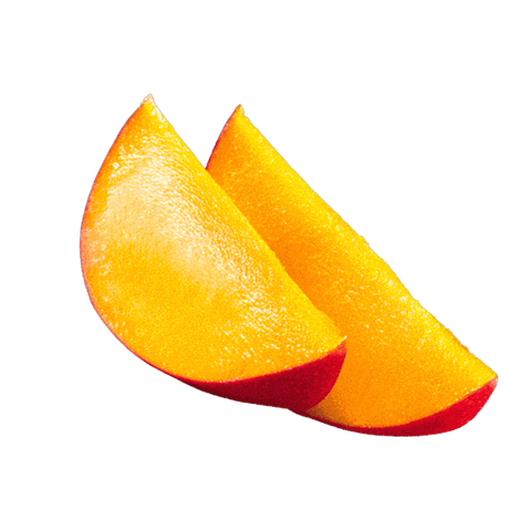 Two juicy slices of mango showcasing vibrant yellow-orange flesh and red skin on a black background.